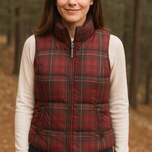 Eddie Bauer Red Plaid Goose Down Puffer Vest Petite XS Warm Outdoor